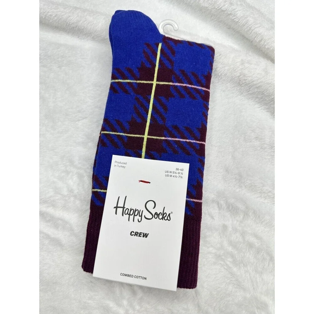 Happy Socks Crew Socks 36-40 Purple Blue Plaid Pattern Combed Cotton New